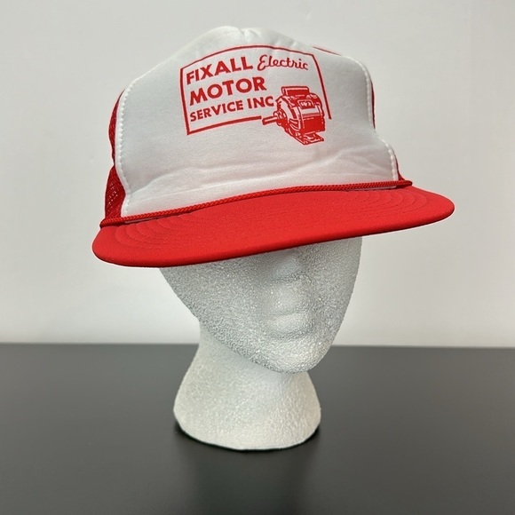 Vtg Nissin Red White Cap Trucker Hat Snap Back Fix All Electric Motor Service - Picture 2 of 11